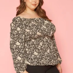 Plus Size Vintage Floral Print Off Shoulder Top -Radiant Drape Sales 2019641 001 2