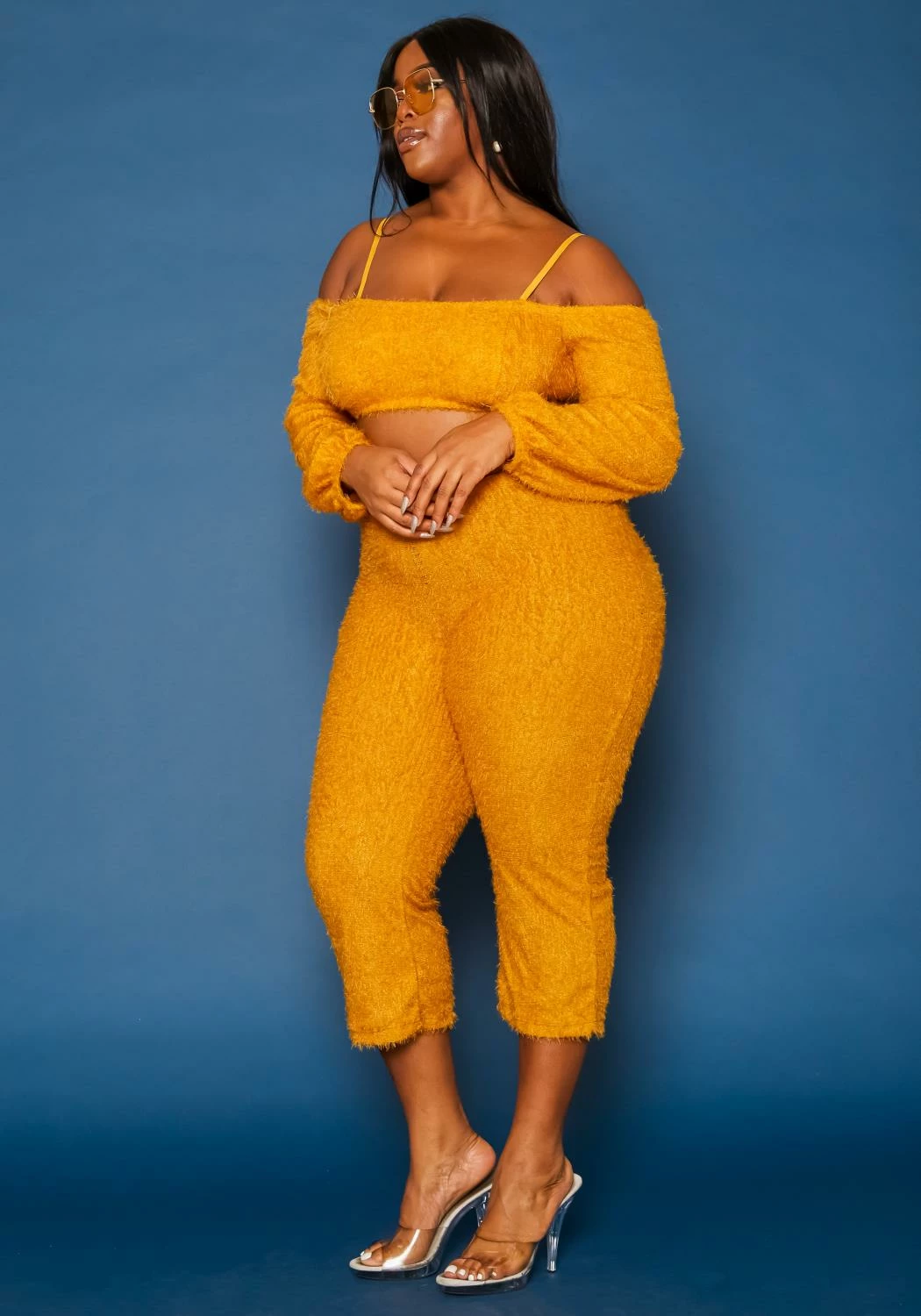 Plus Size Fuzzy Knit Crop Top & Capri Pants Set 3 Plus Size Fuzzy Knit Crop Top & Capri Pants Set - Image 3