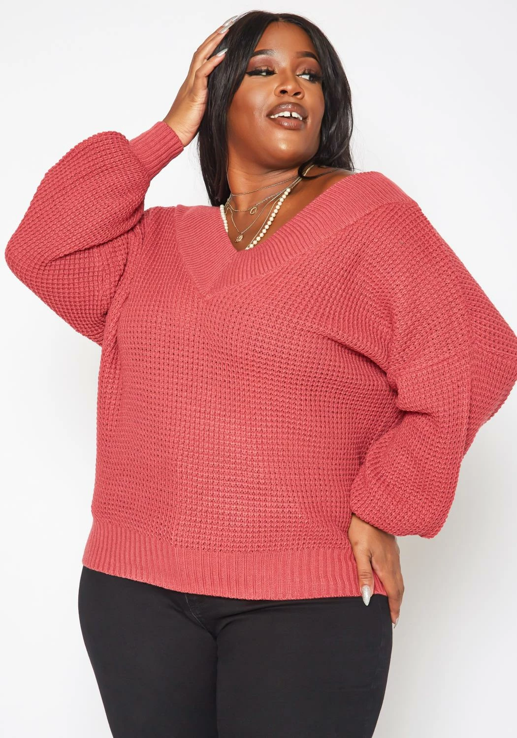 Plus Size Waffle Knit Dolman Sleeve Sweater 2 Plus Size Waffle Knit Dolman Sleeve Sweater - Image 2