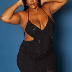Plus Size Sequin V Neck Cut Out Cami Mini Dress