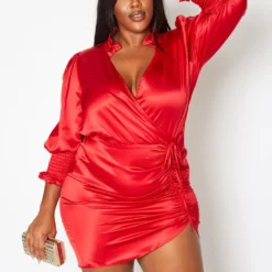 Plus Size Mandolin Collar Ruched Satin Mini Dress