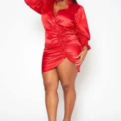 Plus Size Mandolin Collar Ruched Satin Mini Dress 7 Plus Size Mandolin Collar Ruched Satin Mini Dress -Radiant Drape Sales 2019685 110 2