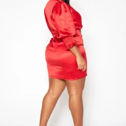Plus Size Mandolin Collar Ruched Satin Mini Dress 8 Plus Size Mandolin Collar Ruched Satin Mini Dress -Radiant Drape Sales 2019685 110 3