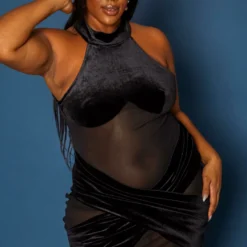 Plus Size Velvet Mesh Contrast Bodycon Mini Dress