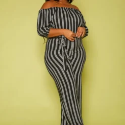 Plus Size Off Shoulder Stripe Jumpsuit