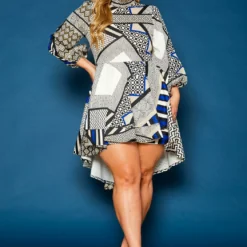 Plus Size Geo Print High To Low Flare Dress