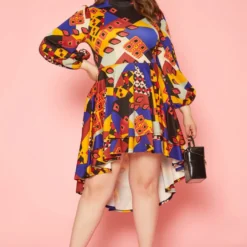 Plus Size Geo Print High To Low Flare Dress