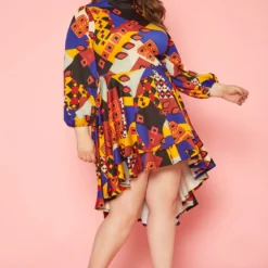 Plus Size Geo Print High To Low Flare Dress -Radiant Drape Sales 2019757 001 2