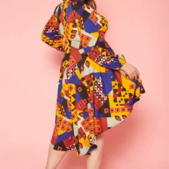 Plus Size Geo Print High To Low Flare Dress -Radiant Drape Sales 2019757 001 3