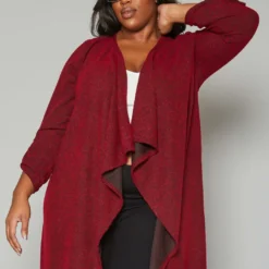 Plus Size Drape Front Open Front Shimmer Cardigan