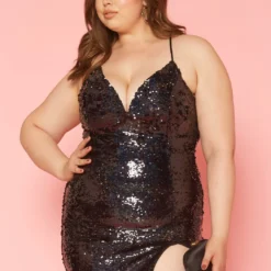 Plus Size Black Sequin Cami Mini Dress