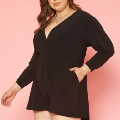 Plus Size V Neck Long Sleeve Romper -Radiant Drape Sales 2019856 001 2