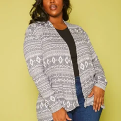 Plus Size Aztec Pattern Open Front Cardigan