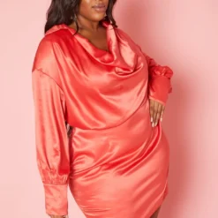 Plus Size Satin Cowl Neck Mini Dress