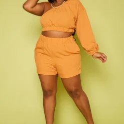 Plus Size One Sleeve Crop Top & Shorts Set