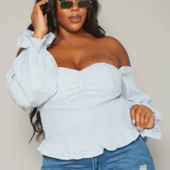 Plus Size Stripe Print Off Shoulder Smocked Top