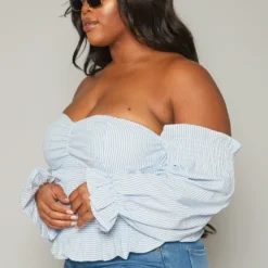 Plus Size Stripe Print Off Shoulder Smocked Top -Radiant Drape Sales 2019875 001 2