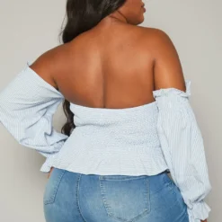 Plus Size Stripe Print Off Shoulder Smocked Top -Radiant Drape Sales 2019875 001 3