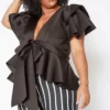 Plus Size Tie Front Ruffle Peplum Blouse