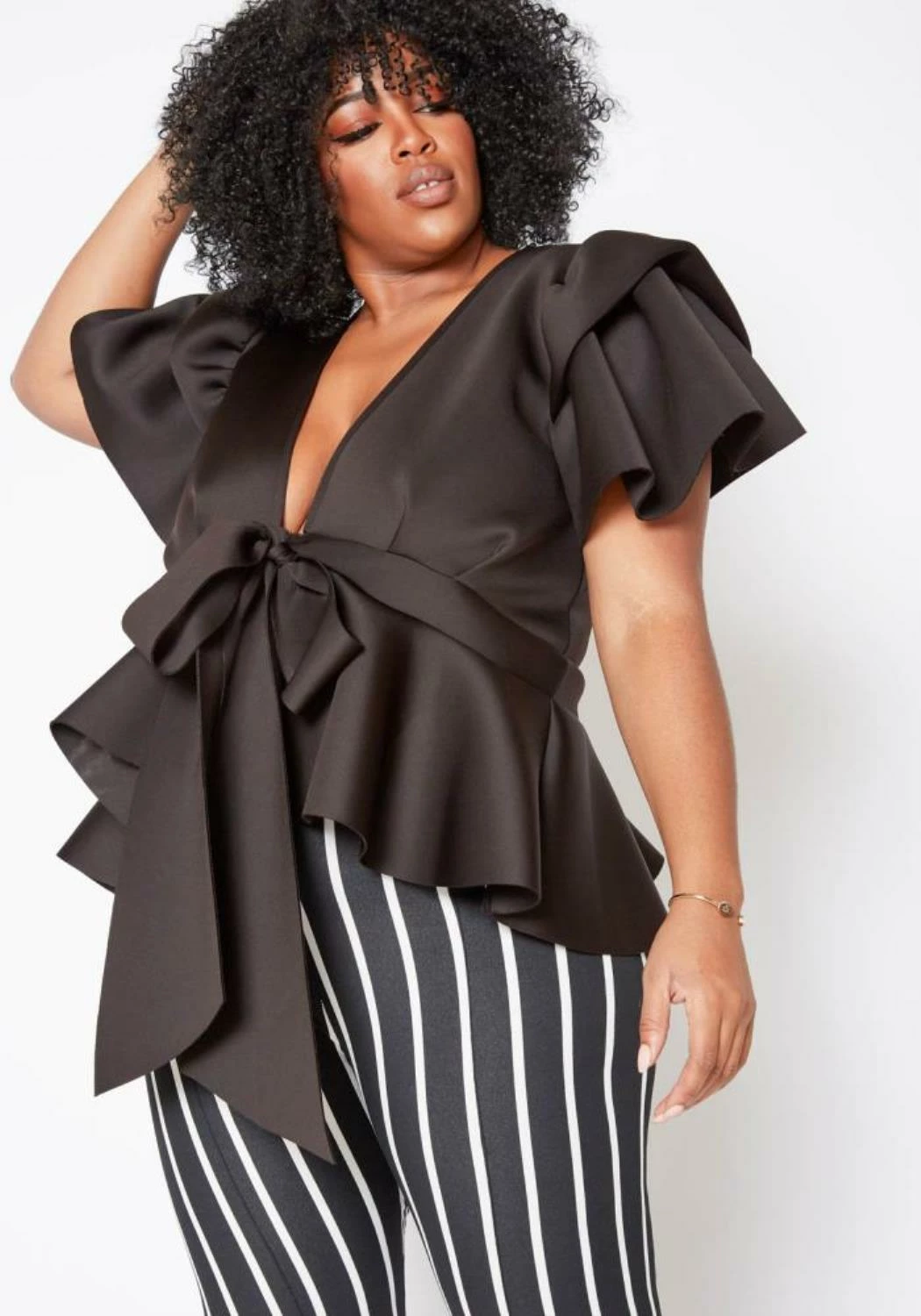 Plus Size Tie Front Ruffle Peplum Blouse 1 Plus Size Tie Front Ruffle Peplum Blouse