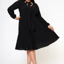 Plus Size Bow Collar Pleated Fit & Flare Dress