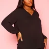 Plus Size V Neck Pocket Hem Long Sleeve Blouse