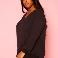 Plus Size V Neck Pocket Hem Long Sleeve Blouse -Radiant Drape Sales 2019925 001 2