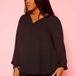 Plus Size V Neck Pocket Hem Long Sleeve Blouse -Radiant Drape Sales 2019925 001 3