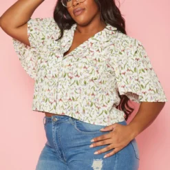 Plus Size Floral Pattern Collar Neck Shirt
