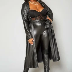Plus Size PU Leather Longline Jacket & Legging Set