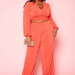 Plus Size Wrap Crop Top & Wide Pants Set