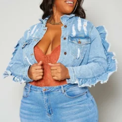Plus Size Ruffle Trim Denim Jacket