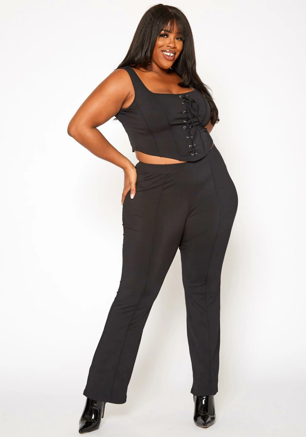 Plus Size Cross Lace Corset Top & Pants Set 1 Plus Size Cross Lace Corset Top & Pants Set