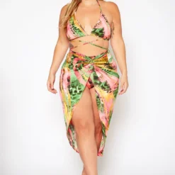 Plus Size Pink Sand Beach Three Piece Bikini Set
