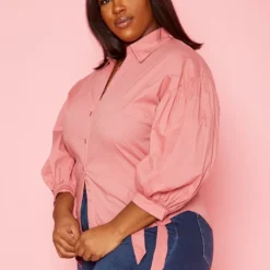 Plus Size Collar Neck Puff Sleeve Linen Shirt -Radiant Drape Sales 2020198 002 3