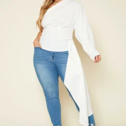 Plus Size One Sleeve Drape Hem Blouse