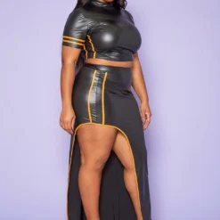 Plus Size Faux Leather Mock Neck Crop Top & Slit Maxi Skirt Set -Radiant Drape Sales 2020236 001 3