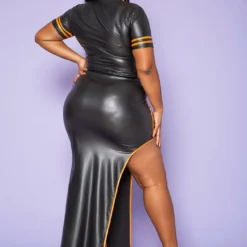Plus Size Faux Leather Mock Neck Crop Top & Slit Maxi Skirt Set -Radiant Drape Sales 2020236 001 4