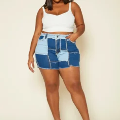 Plus Size Patchwork Denim Shorts