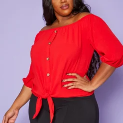 Plus Size Off Shoulder Button Hem Yellow Top