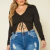 Plus Size Ribbed Drawstring Front Split Crop Top