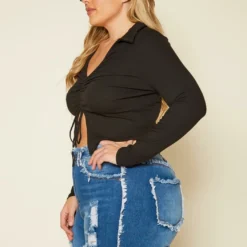 Plus Size Ribbed Drawstring Front Split Crop Top -Radiant Drape Sales 2020280 001 3