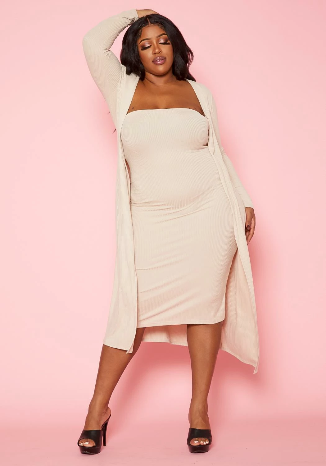 Plus Size Rib Knit Tube Midi Dress & Duster Cardigan Set 1 Plus Size Rib Knit Tube Midi Dress & Duster Cardigan Set