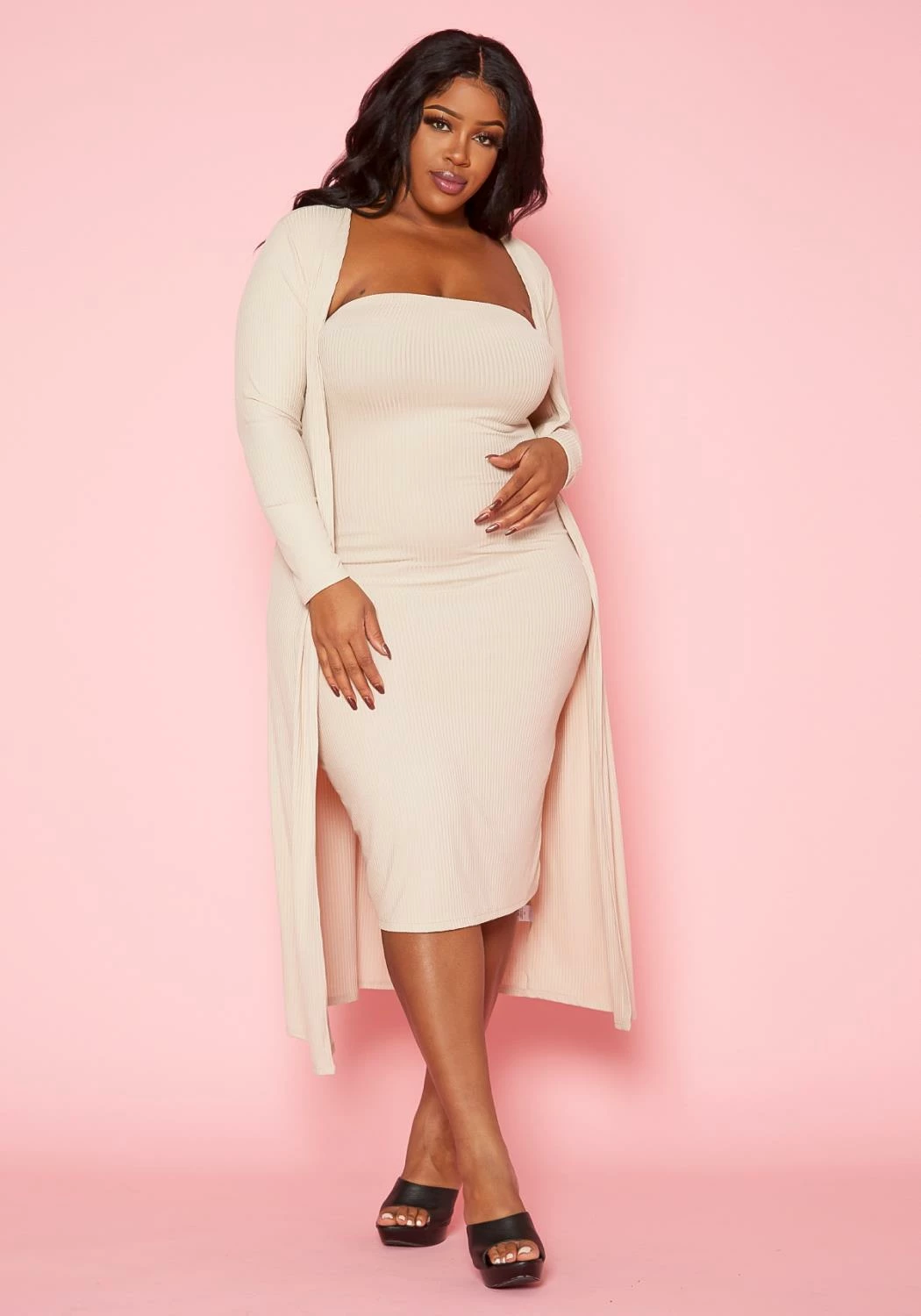 Plus Size Rib Knit Tube Midi Dress & Duster Cardigan Set 2 Plus Size Rib Knit Tube Midi Dress & Duster Cardigan Set - Image 2