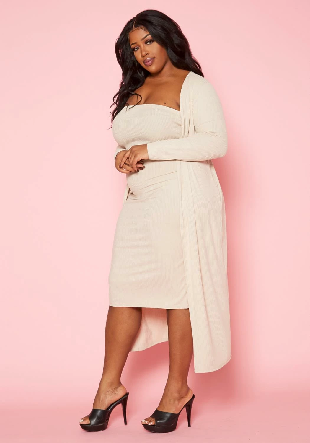 Plus Size Rib Knit Tube Midi Dress & Duster Cardigan Set 3 Plus Size Rib Knit Tube Midi Dress & Duster Cardigan Set - Image 3