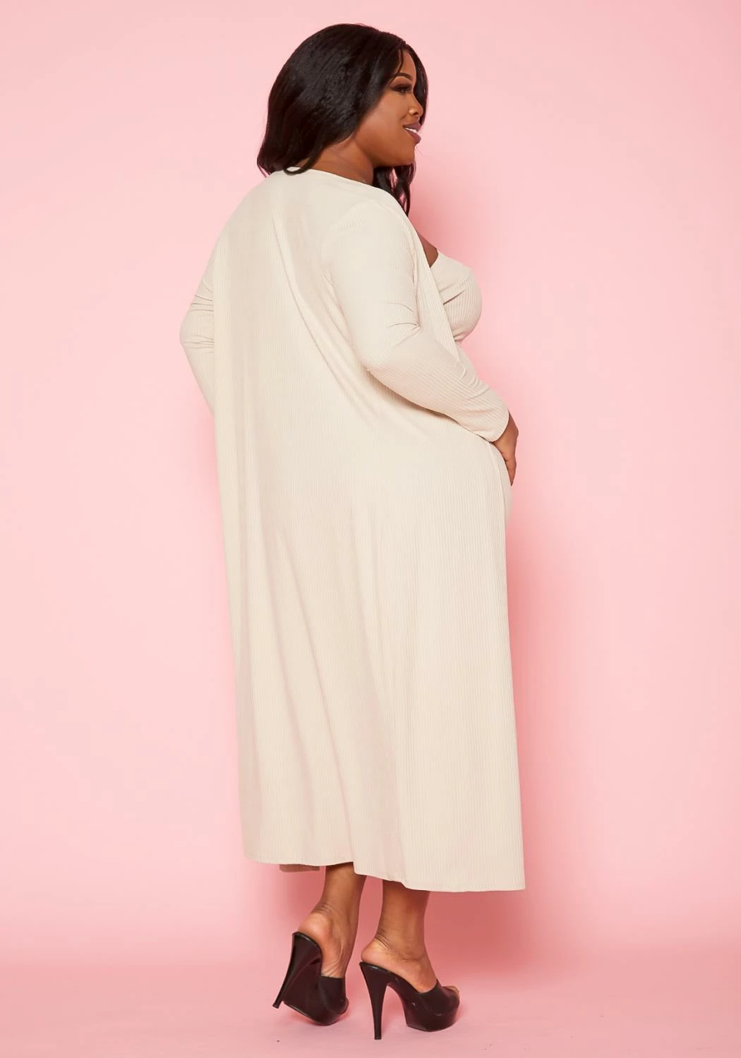 Plus Size Rib Knit Tube Midi Dress & Duster Cardigan Set 4 Plus Size Rib Knit Tube Midi Dress & Duster Cardigan Set - Image 4