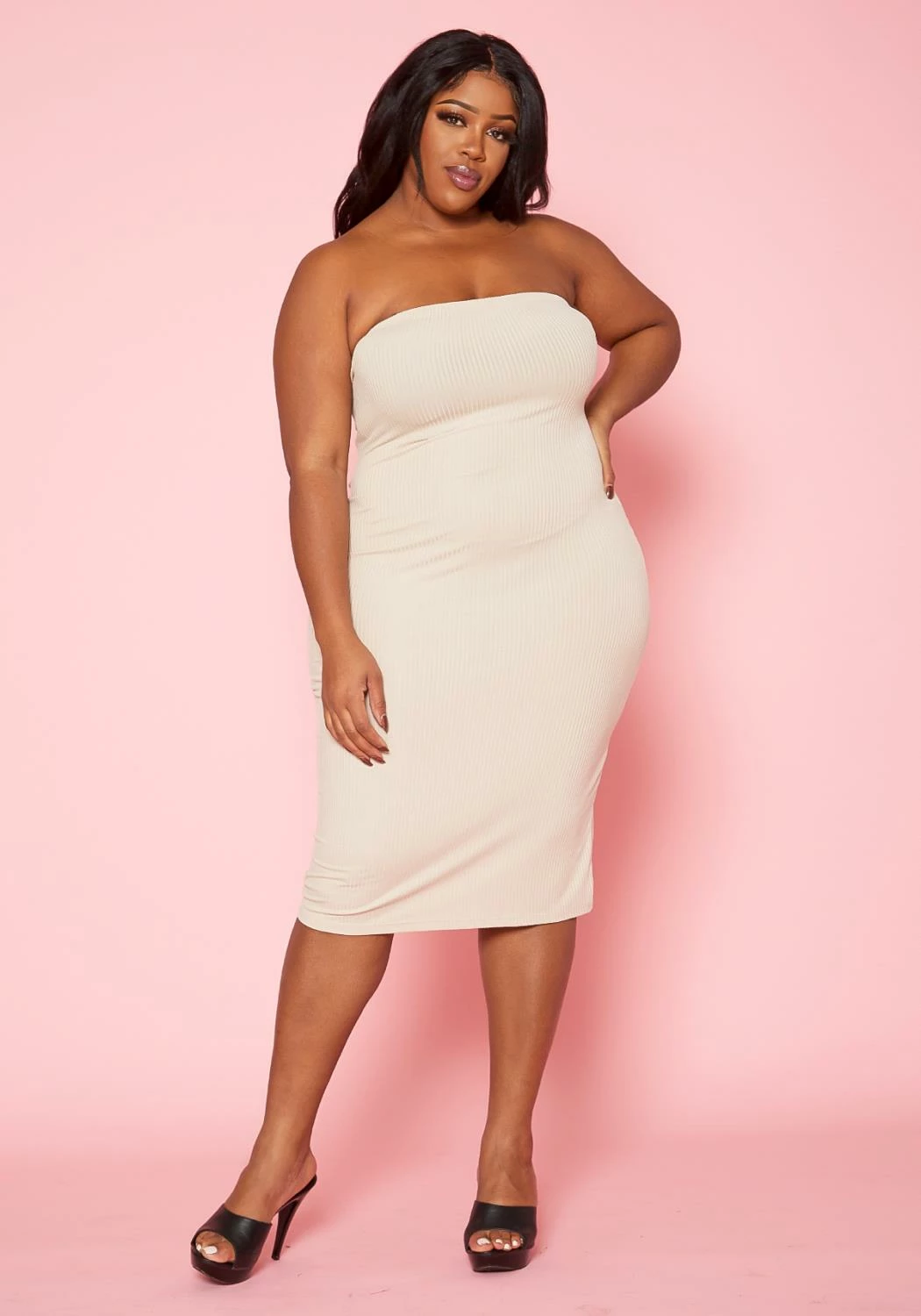 Plus Size Rib Knit Tube Midi Dress & Duster Cardigan Set 6 Plus Size Rib Knit Tube Midi Dress & Duster Cardigan Set - Image 6