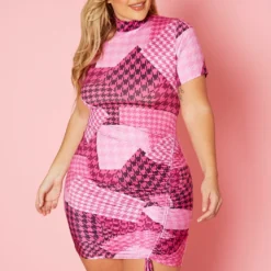 Plus Size Mock Neck Houndstooth Color Block Print Mini Dress 9 Plus Size Mock Neck Houndstooth Color Block Print Mini Dress -Radiant Drape Sales 2020297 001 1
