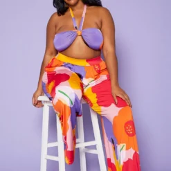 Plus Size Floral Wrap Halter Top & Palazzo Pants Set