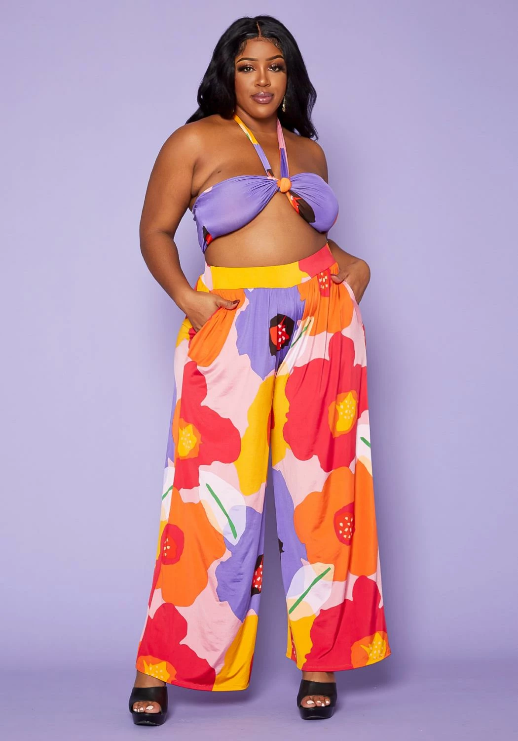 Plus Size Floral Wrap Halter Top & Palazzo Pants Set 2 Plus Size Floral Wrap Halter Top & Palazzo Pants Set - Image 2